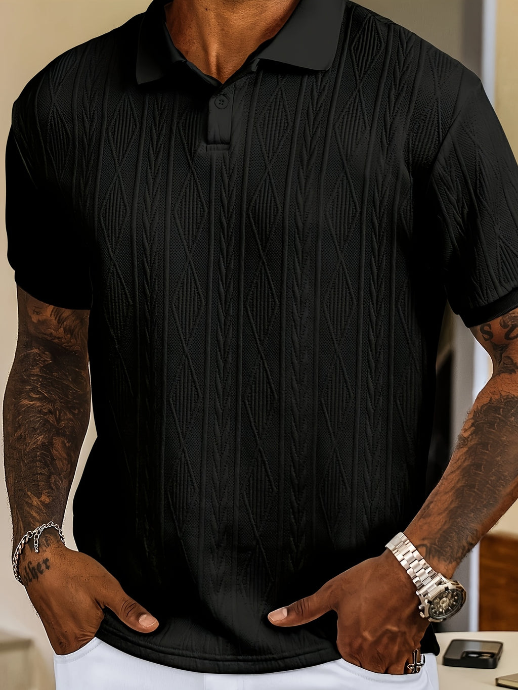 Nuovo top da uomo in tinta unita, design jacquard, tessuto morbido, polo traspirante casual da esterno per affari, adatto per le vacanze e gli appuntamenti di lavoro, essenziale per il tempo libero quotidiano.