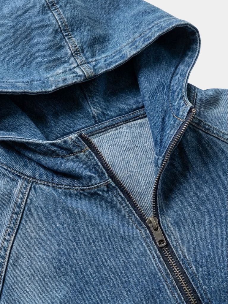 Giacca a Zip Quarto con Cappuccio in Denim Artigianale