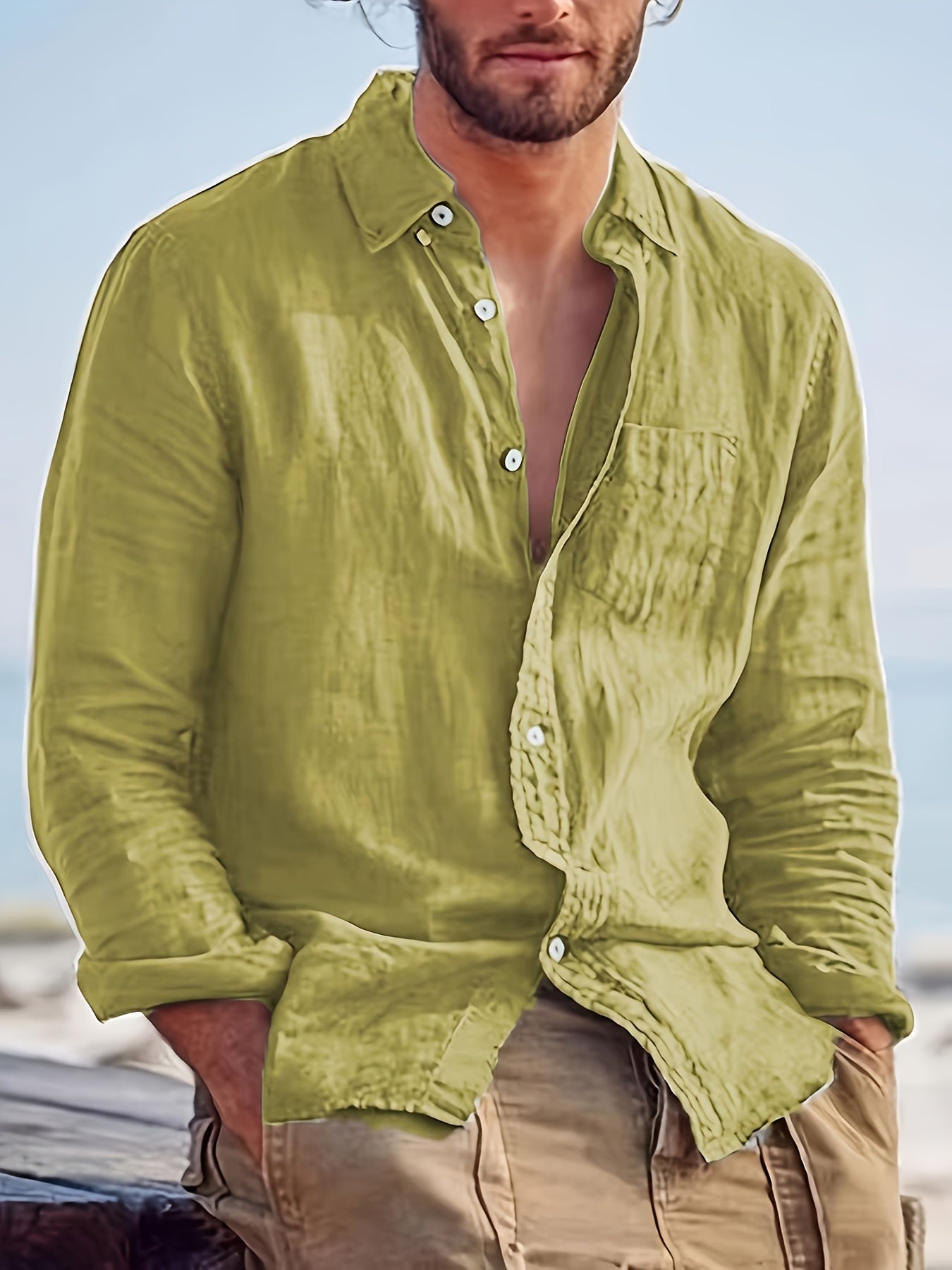Camicia casual da uomo a maniche lunghe, alla moda, facile, comoda, trendy, tinta unita, con bottoni, adatta a tutti gli abiti, camicia a maniche lunghe