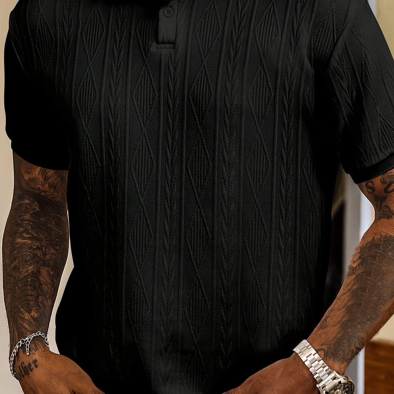 Nuovo top da uomo in tinta unita, design jacquard, tessuto morbido, polo traspirante casual da esterno per affari, adatto per le vacanze e gli appuntamenti di lavoro, essenziale per il tempo libero quotidiano.