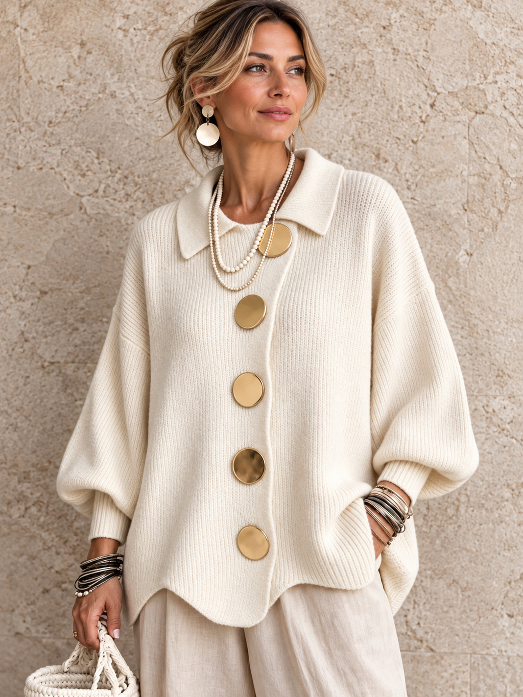 Cardigan oversize con colletto e grandi bottoni metallici