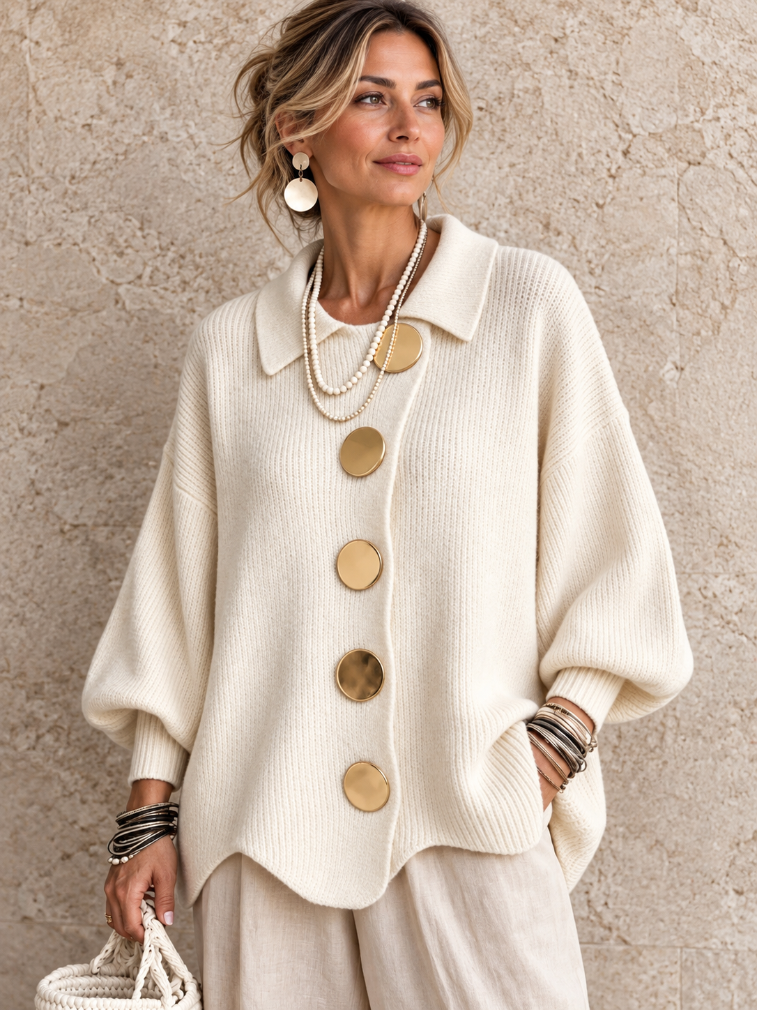 Cardigan oversize con colletto e grandi bottoni metallici