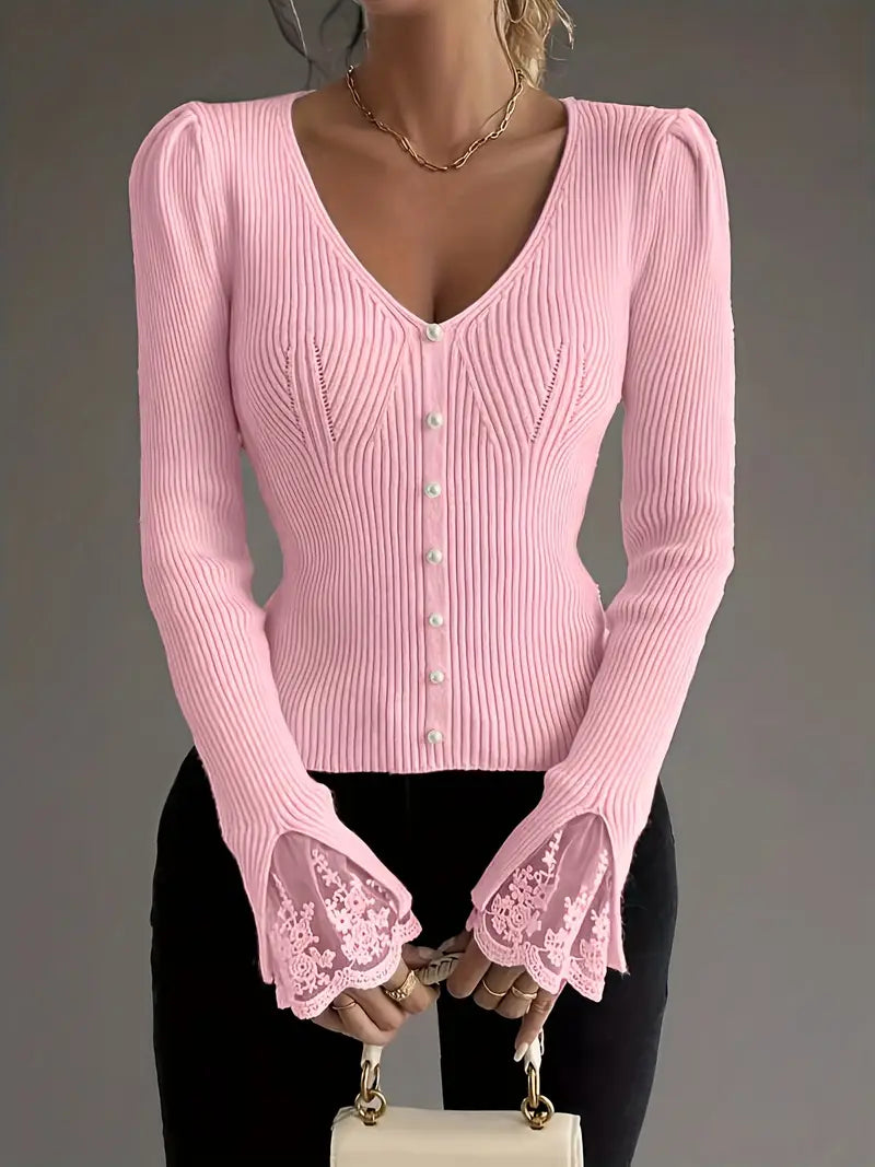Maglia a Coste con Scollo a V e Maniche in Pizzo