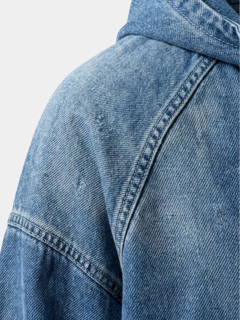 Giacca a Zip Quarto con Cappuccio in Denim Artigianale