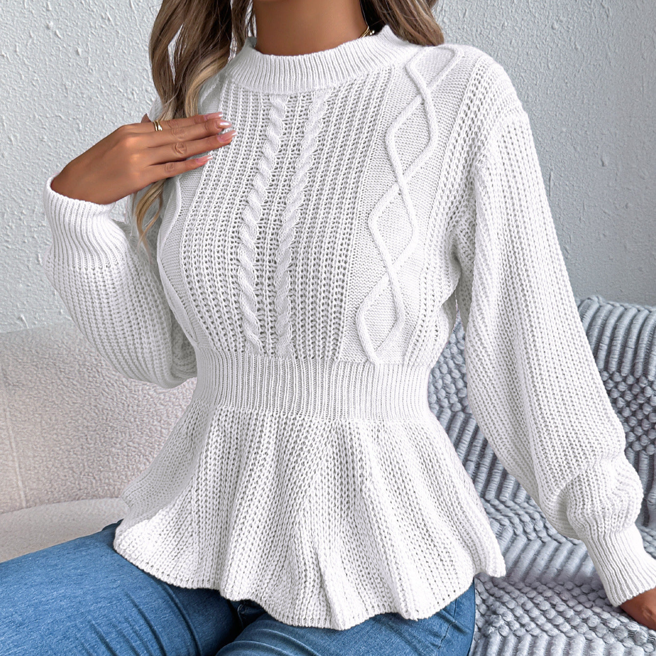 Pullover a Trecce con Maniche a Sbuffo
