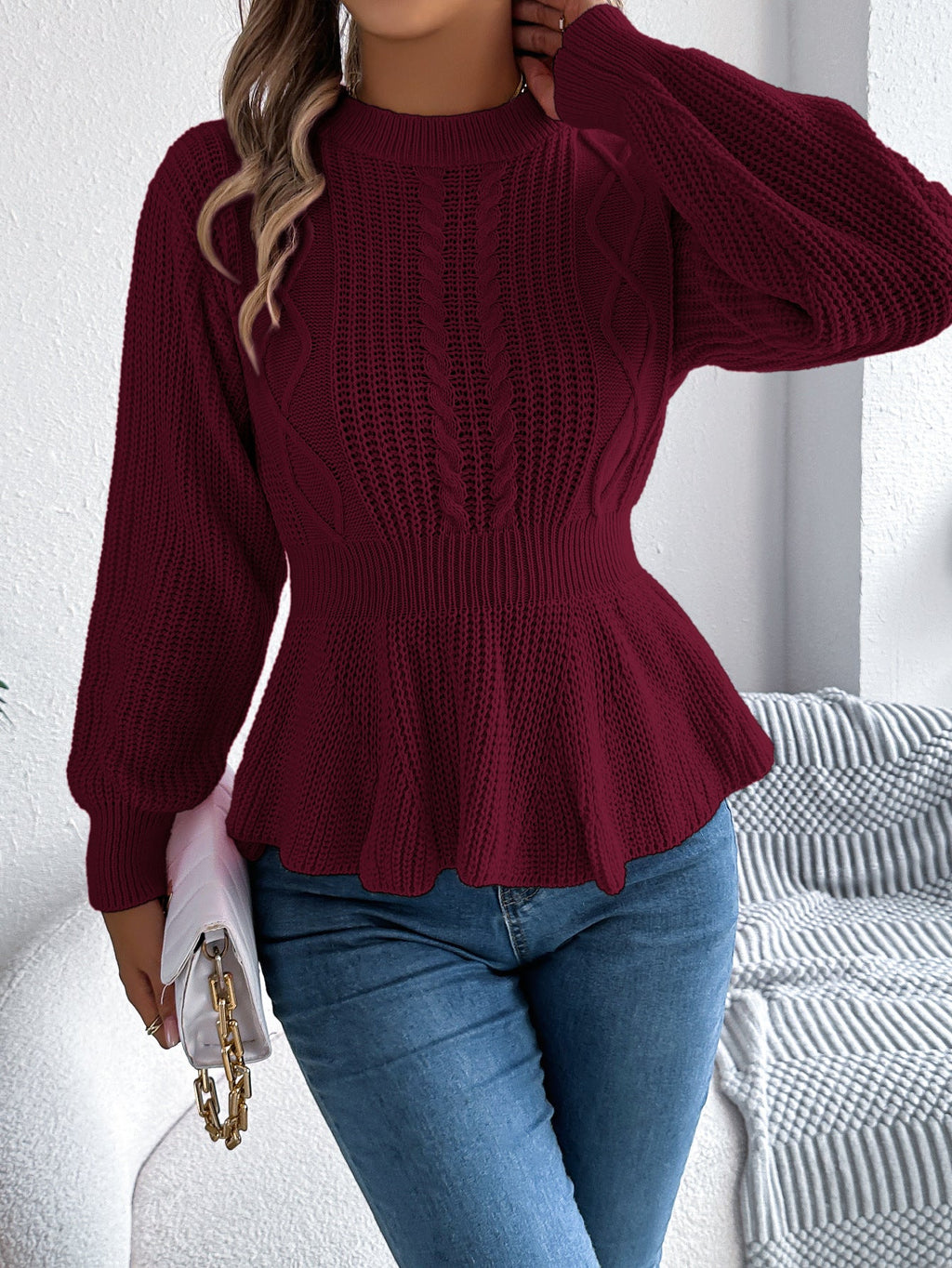 Pullover a Trecce con Maniche a Sbuffo
