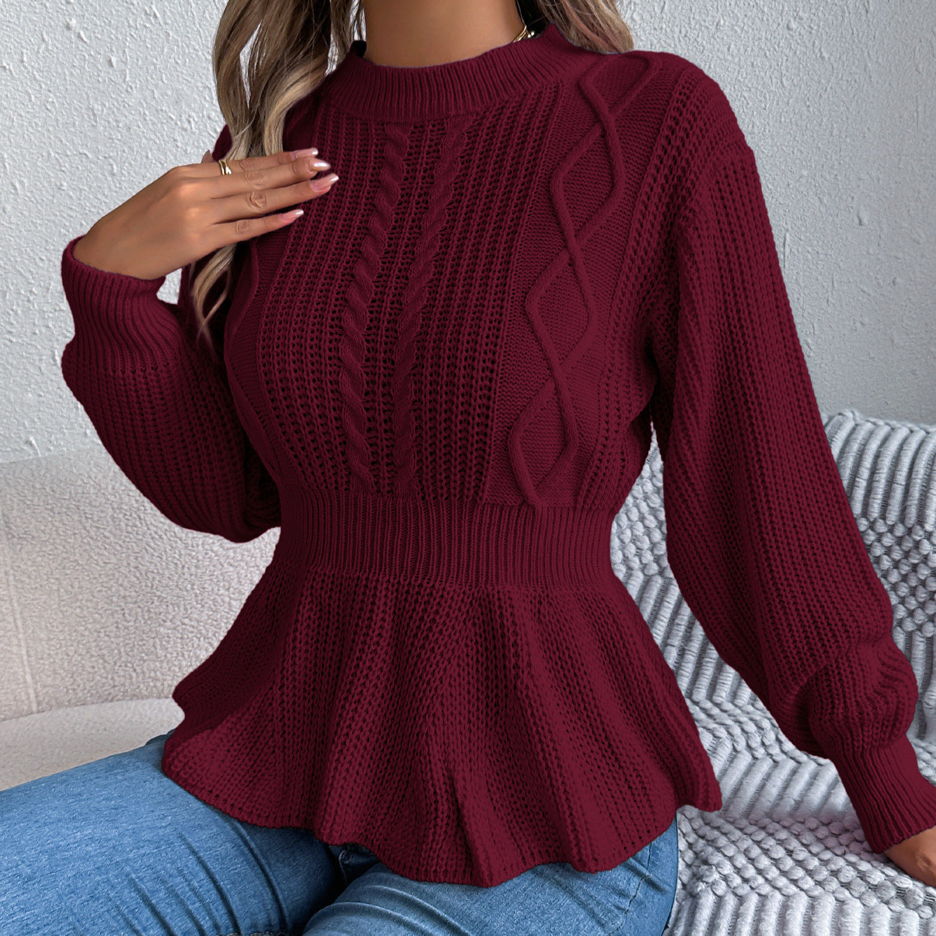 Pullover a Trecce con Maniche a Sbuffo