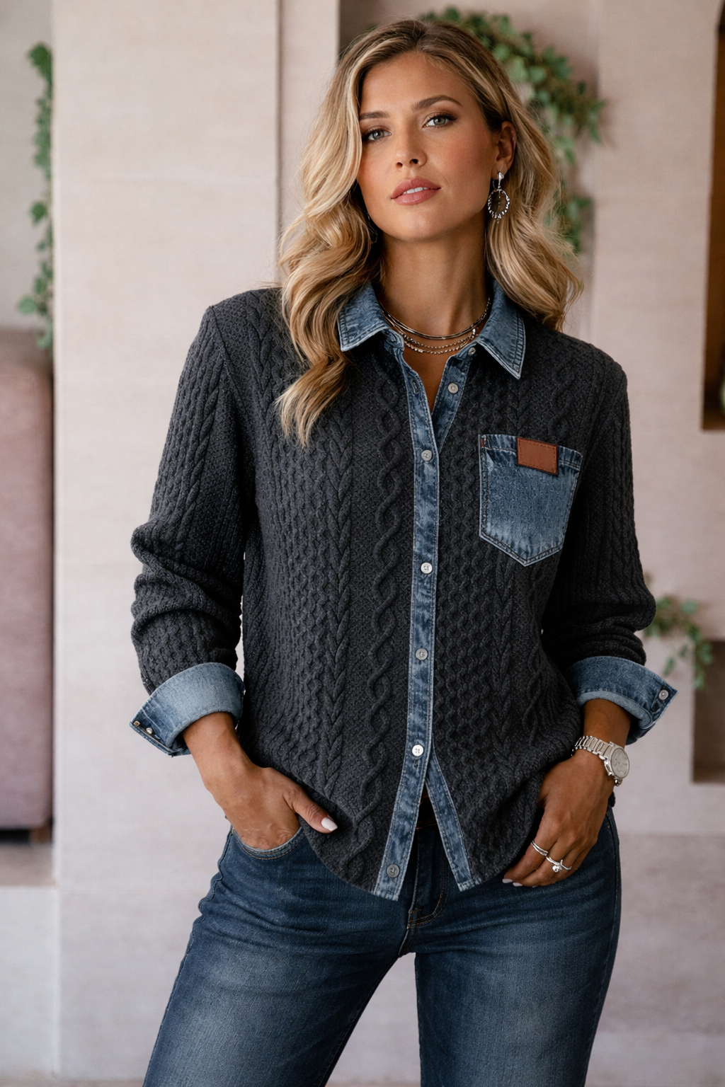 Ambra | Top in Maglia Patchwork con Dettagli Denim