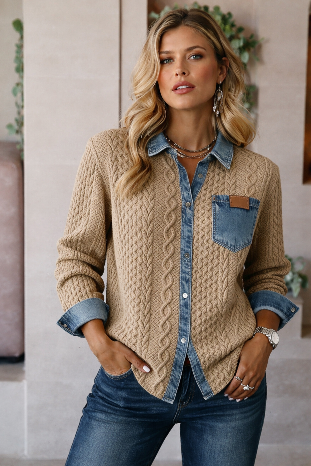 Ambra | Top in Maglia Patchwork con Dettagli Denim