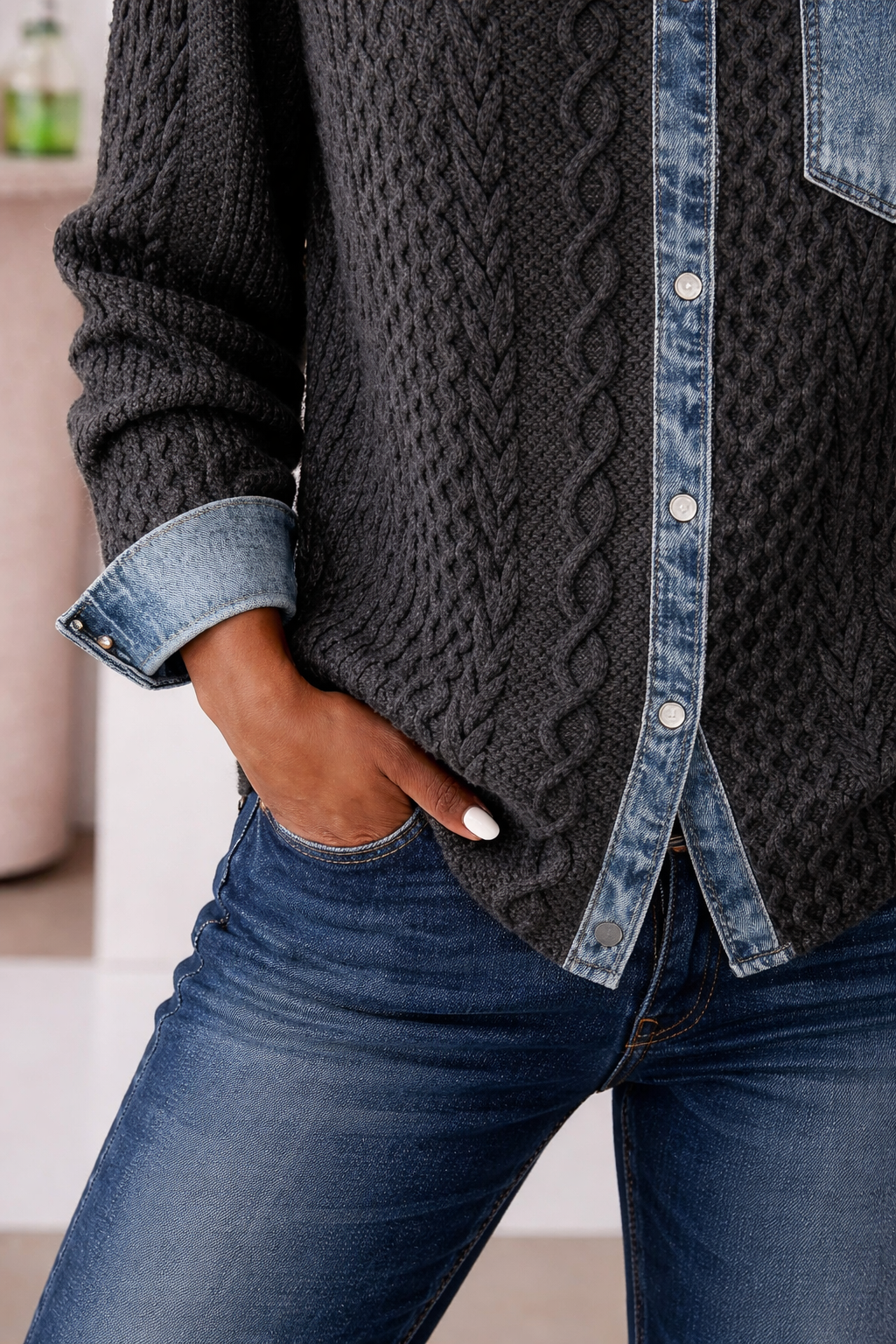 Ambra | Top in Maglia Patchwork con Dettagli Denim