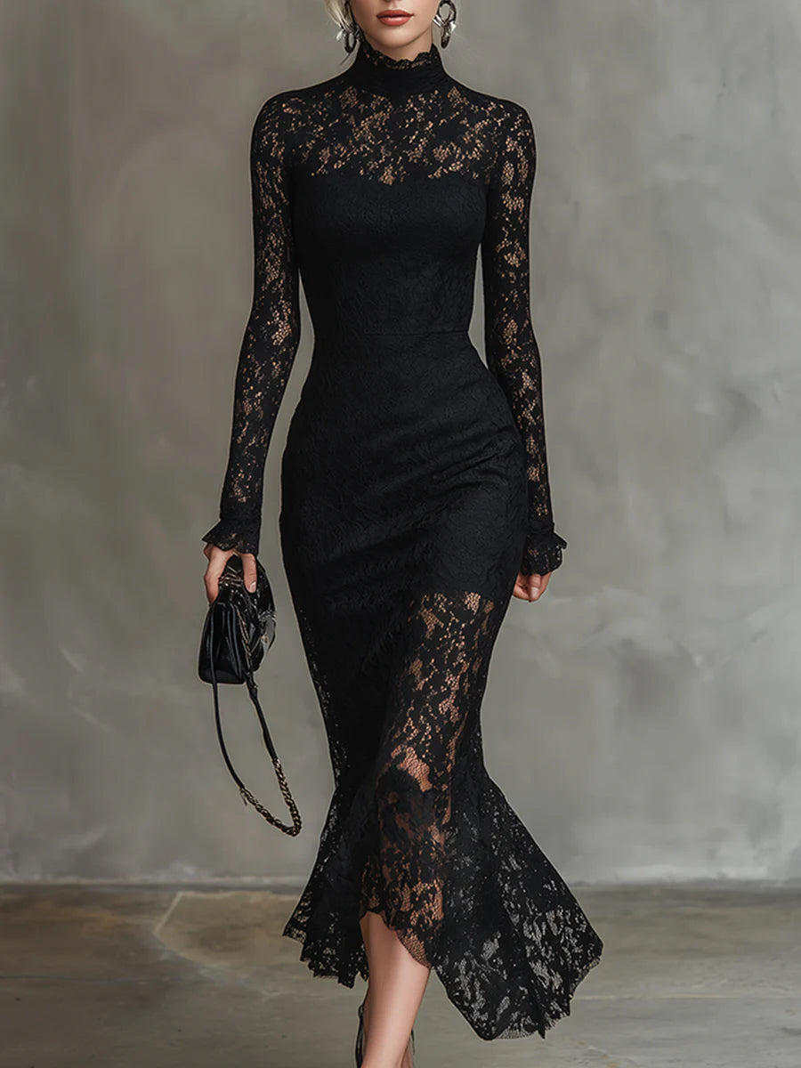 Elisabetta - Elegante Abito Maxi Fishtail in Pizzo Nero Elasticizzato