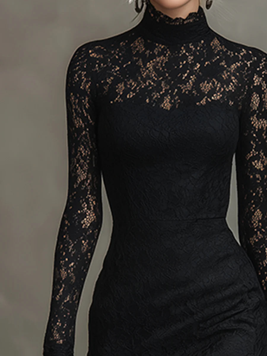 Elisabetta - Elegante Abito Maxi Fishtail in Pizzo Nero Elasticizzato