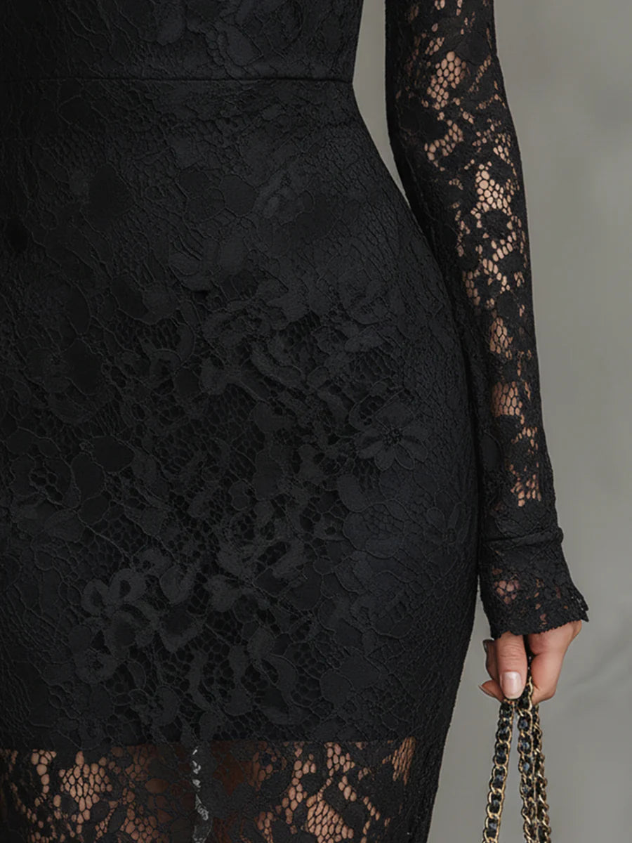 Elisabetta - Elegante Abito Maxi Fishtail in Pizzo Nero Elasticizzato