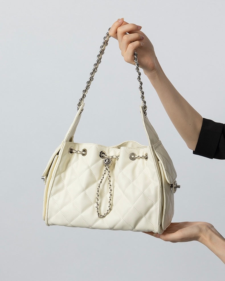 Genuine Leather Caviar Pattern Large Capacity Bucket Crossbody Bag