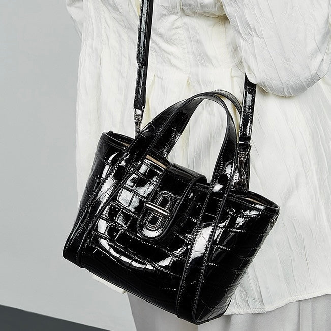 Croc-Embossed Leather Buckle Top-Handle Bucket Bag