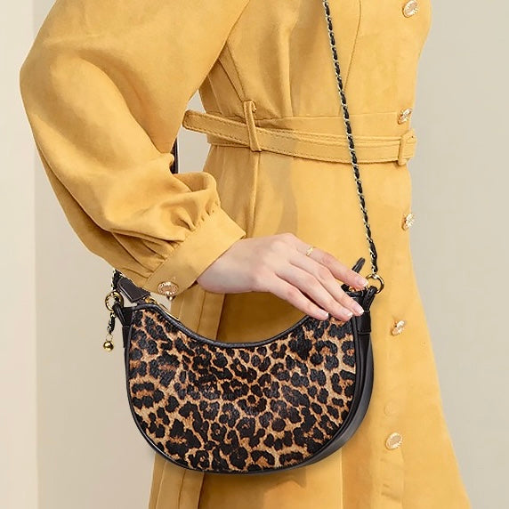 Genuine Leather Leopard Print Half Moon Shaped Ladies Crossbody Shoulder Bag