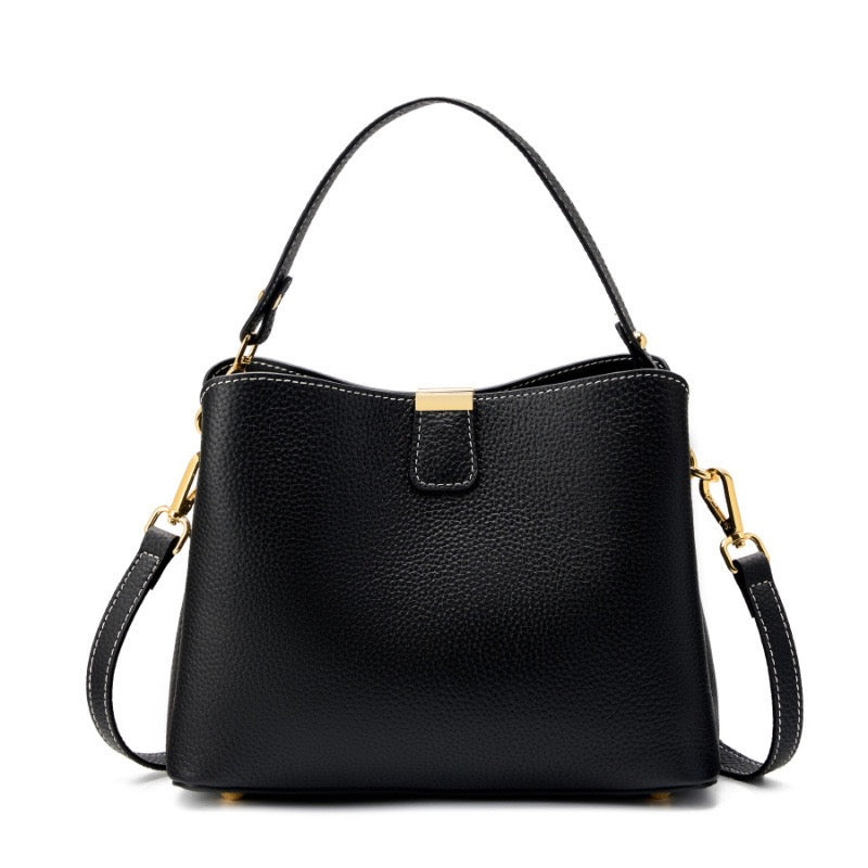 Classic Gold-Trimmed Genuine Leather Bucket Handbag