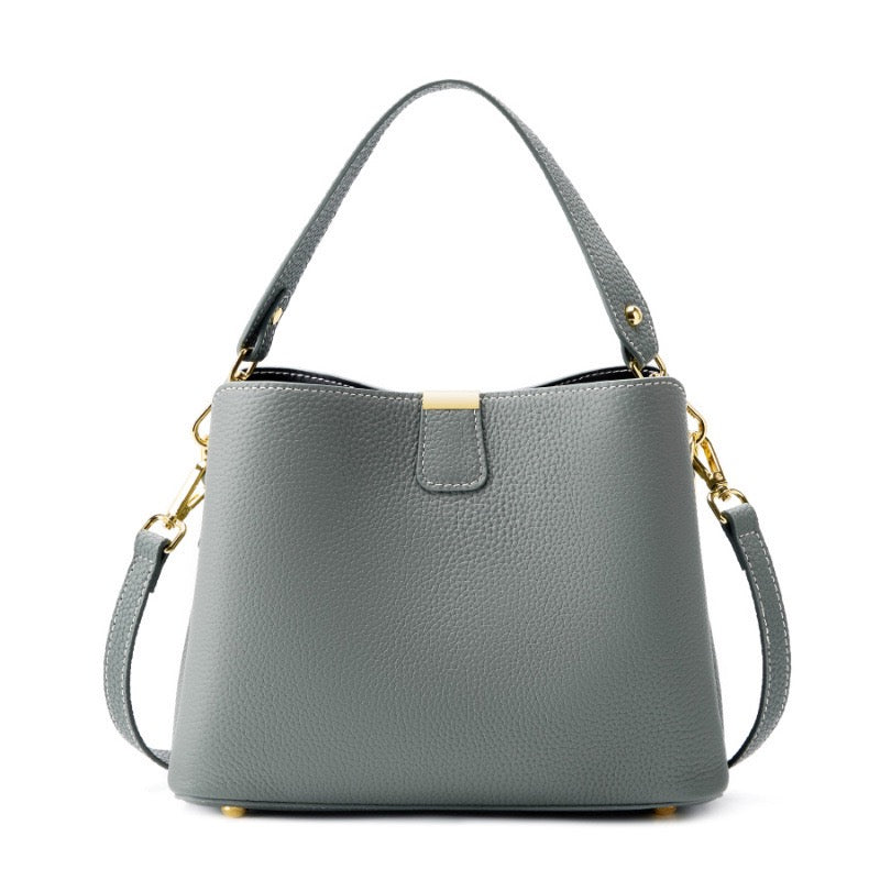 Classic Gold-Trimmed Genuine Leather Bucket Handbag