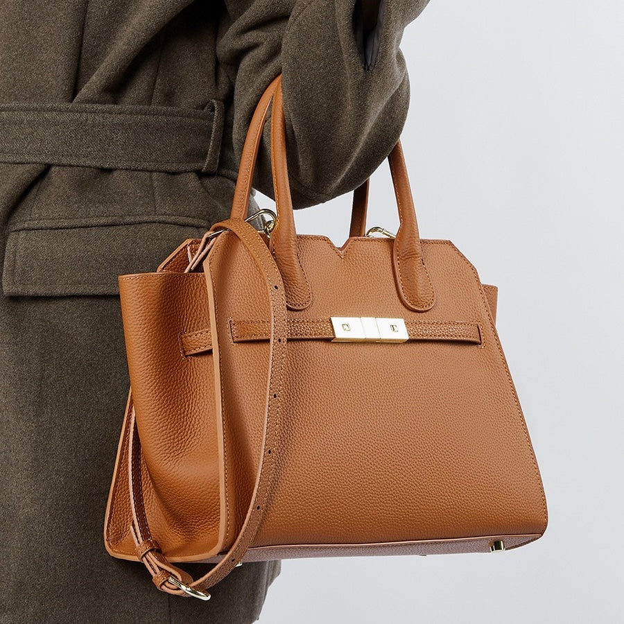 Classic Structured Leather Tote Bag with Gold Hardware