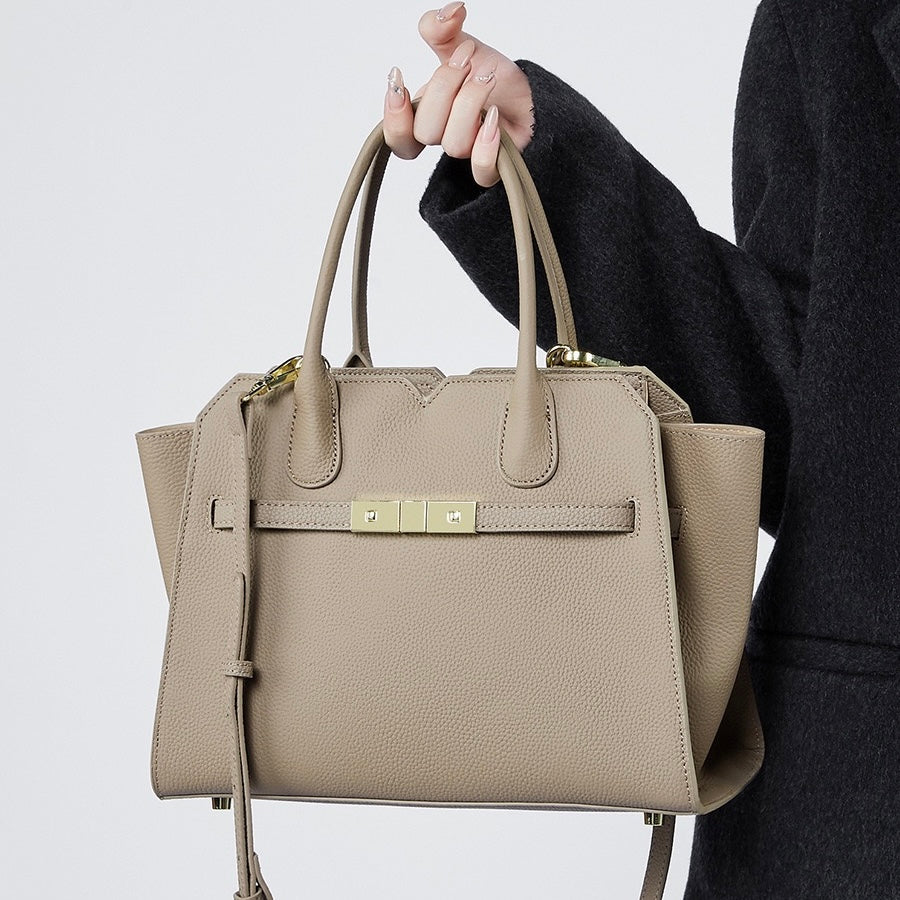 Classic Structured Leather Tote Bag with Gold Hardware