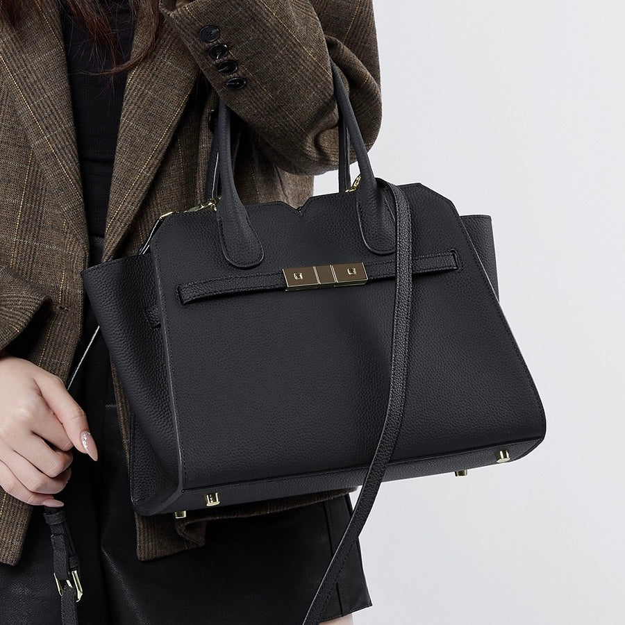 Classic Structured Leather Tote Bag with Gold Hardware