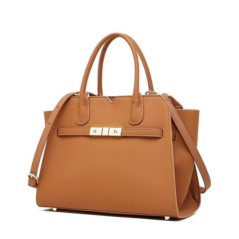 Classic Structured Leather Tote Bag with Gold Hardware