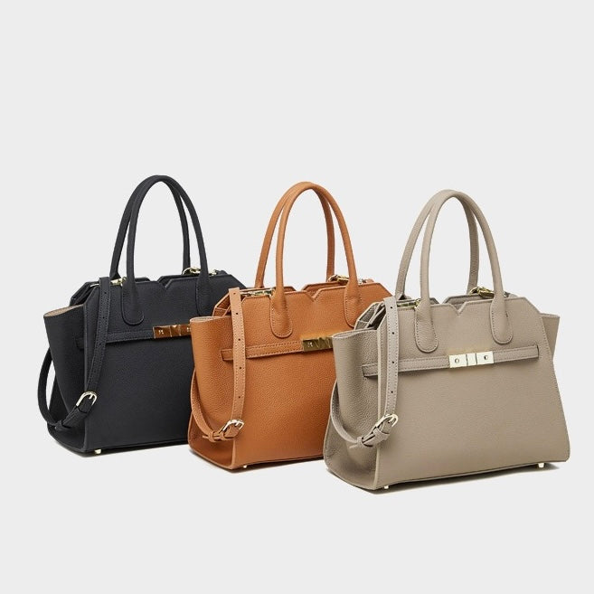 Classic Structured Leather Tote Bag with Gold Hardware