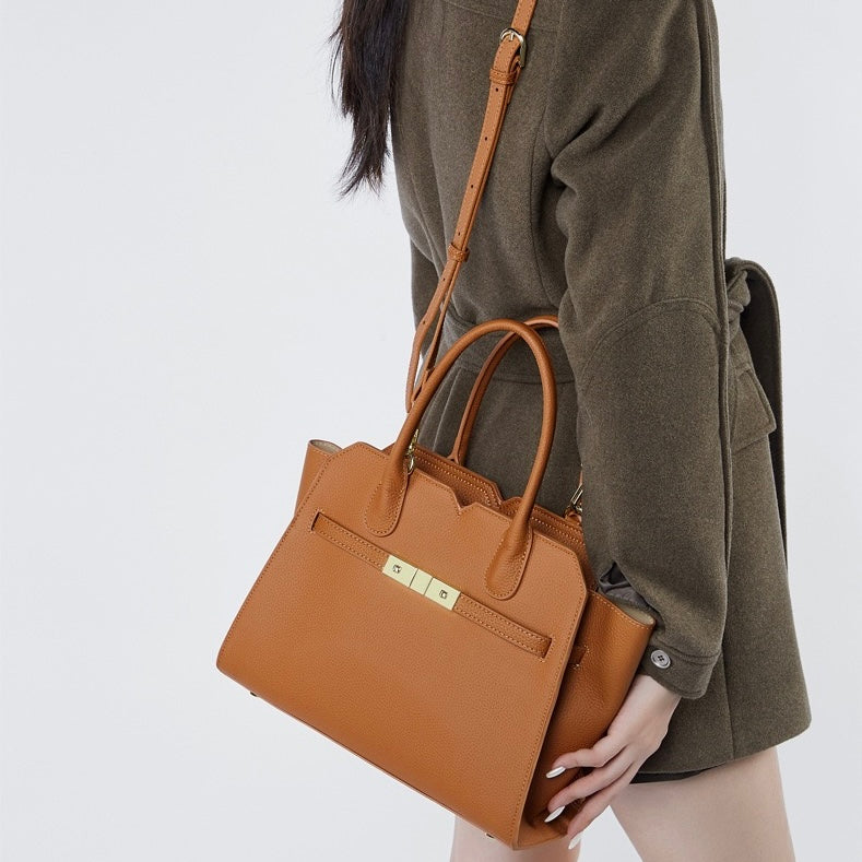 Classic Structured Leather Tote Bag with Gold Hardware