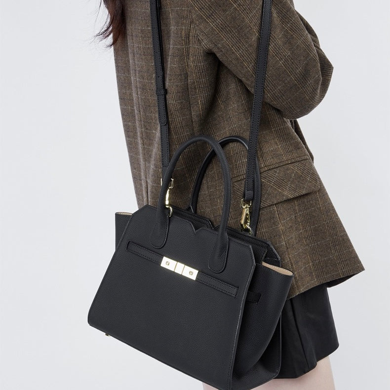 Classic Structured Leather Tote Bag with Gold Hardware