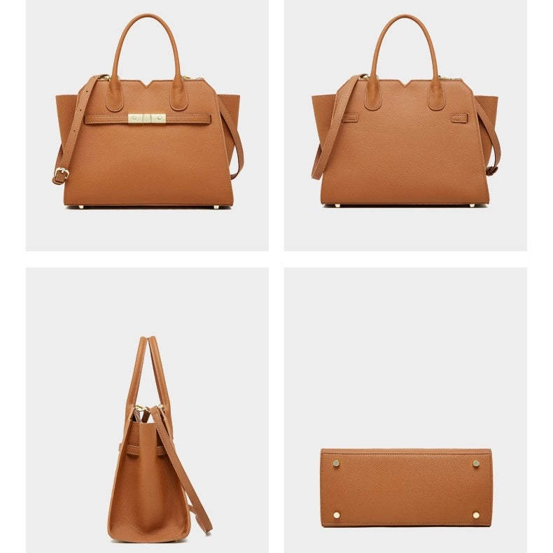 Classic Structured Leather Tote Bag with Gold Hardware