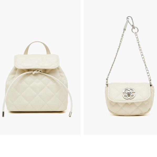 Chic Diamond-Quilted Genuine Leather Mini Backpack with Detachable Pouch