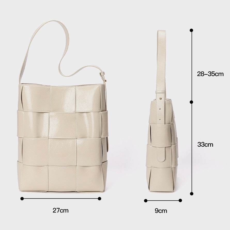 Beige Woven Leather Bucket Shoulder Bag