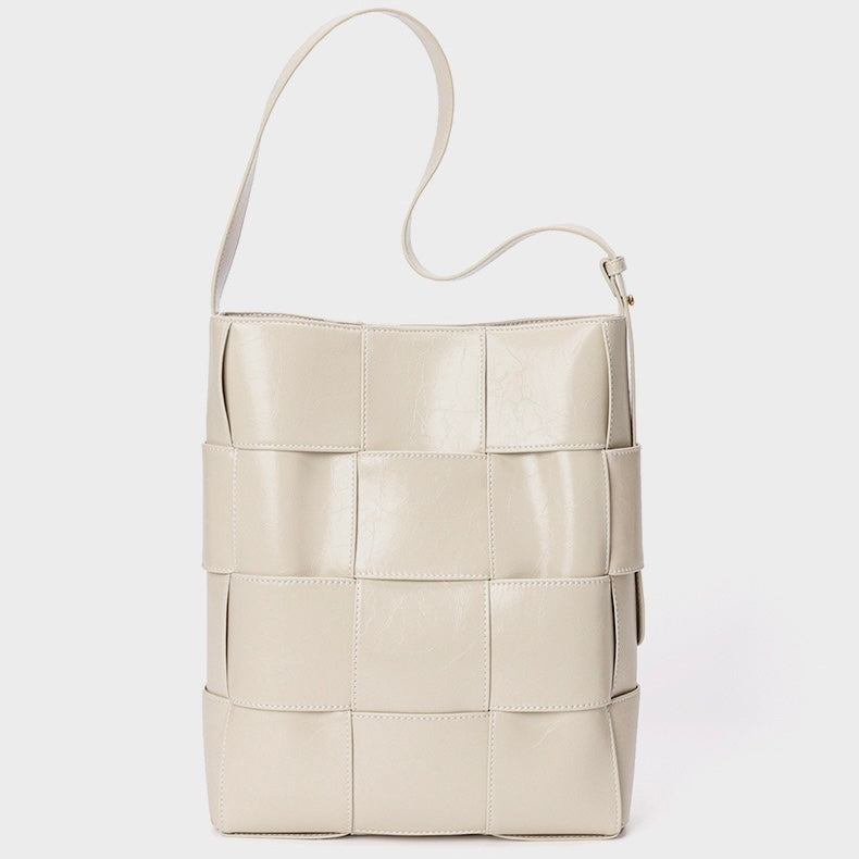 Beige Woven Leather Bucket Shoulder Bag