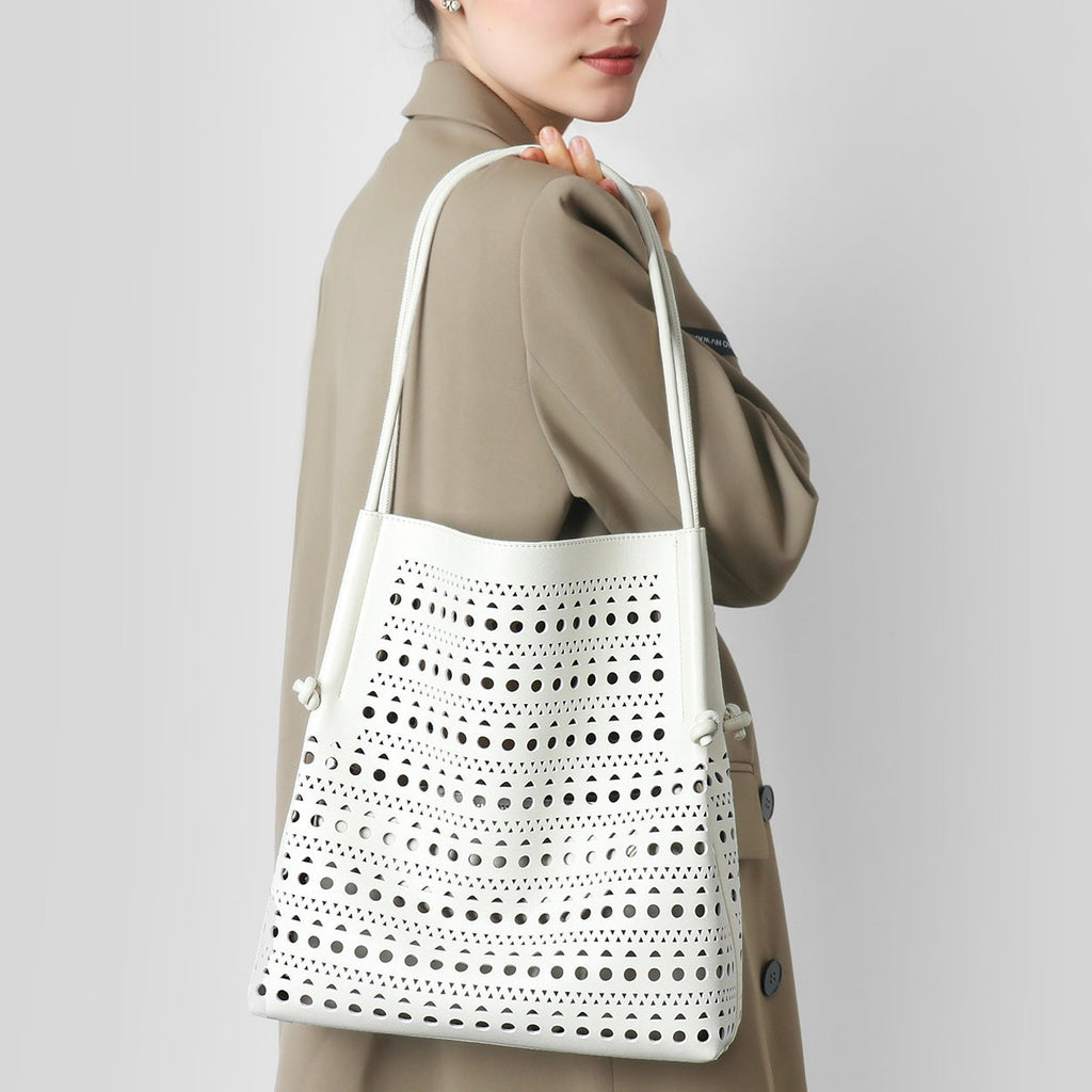 Genuine Leather Perforated Tote Bag with Detachable Pouch