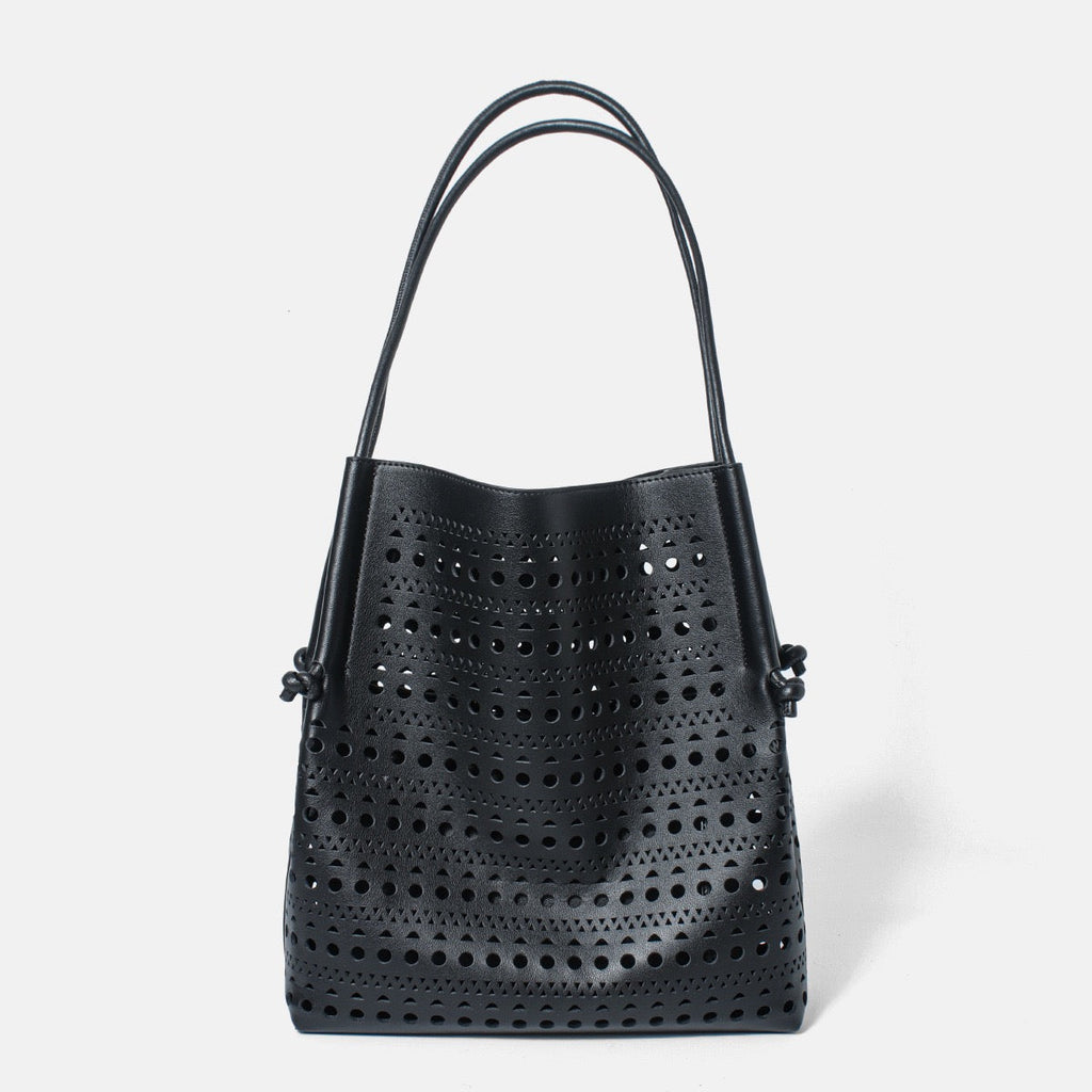 Genuine Leather Perforated Tote Bag with Detachable Pouch