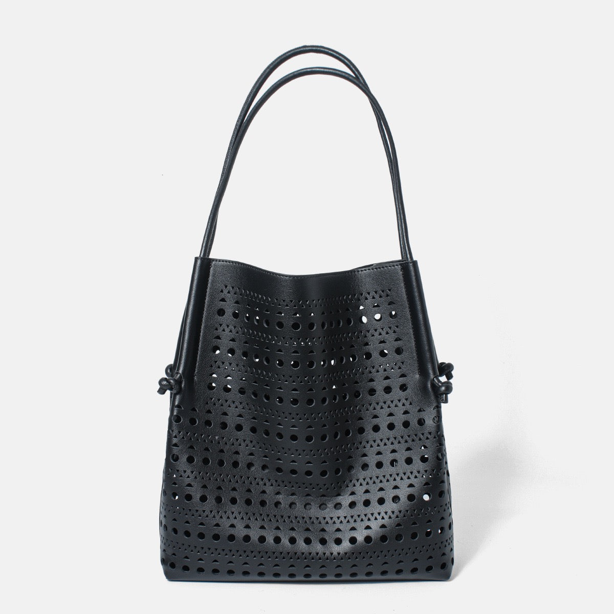 Genuine Leather Perforated Tote Bag with Detachable Pouch