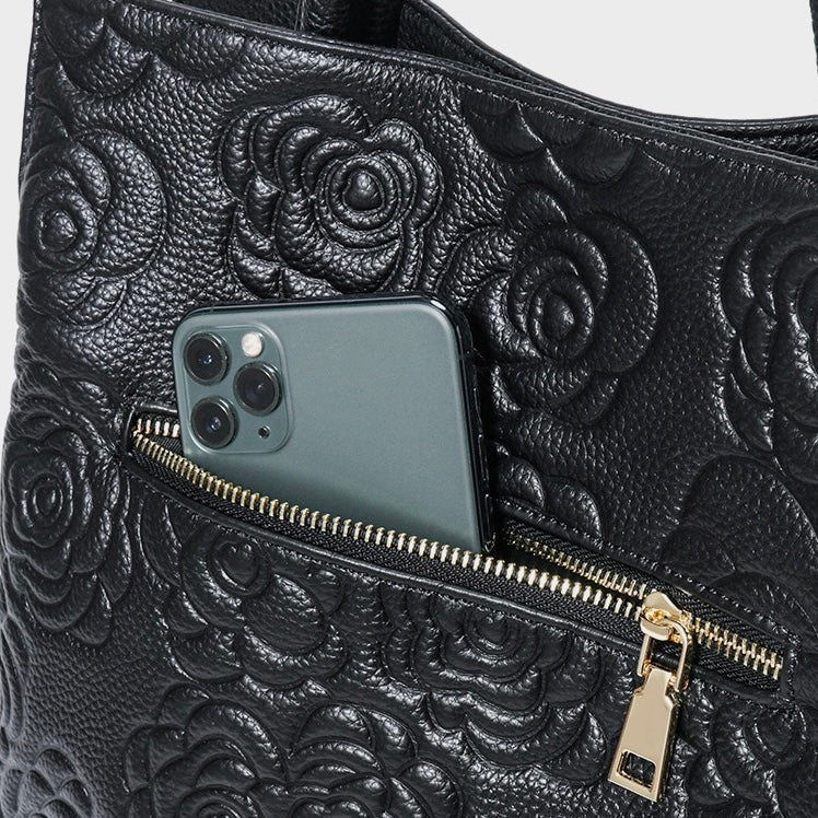 Genuine Leather Rose Embossed Tote Bag With Detachable Strap