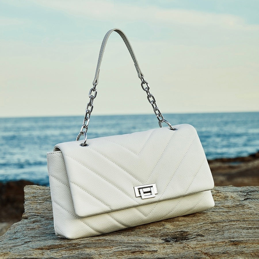 Chain-Embellished V-Quilted Genuine Leather Shoulder Bag