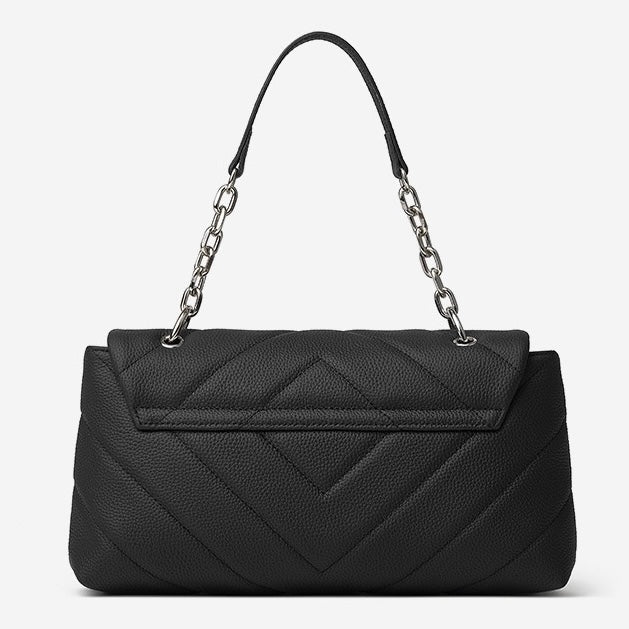 Chain-Embellished V-Quilted Genuine Leather Shoulder Bag