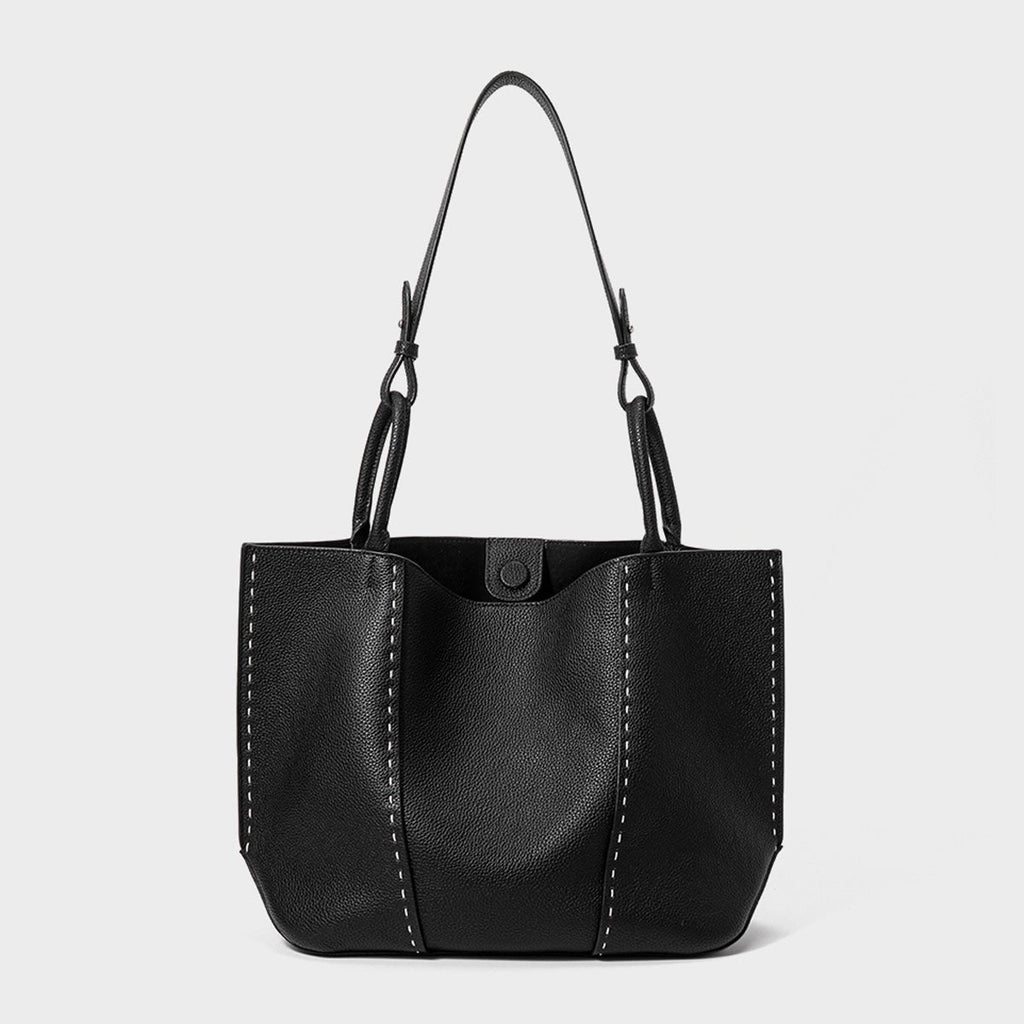 Contrast-Stitch Textured Genuine Leather Tote Bag