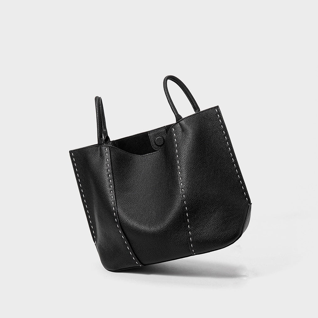 Contrast-Stitch Textured Genuine Leather Tote Bag