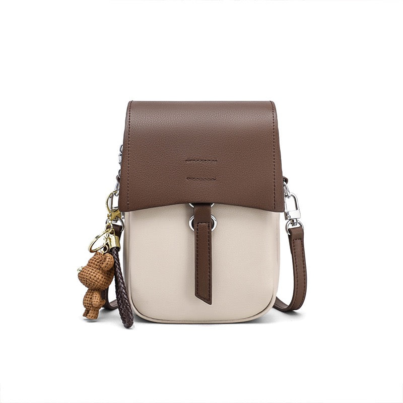 Color-Block Genuine Leather Mini Crossbody Phone Bag with Bear Charm