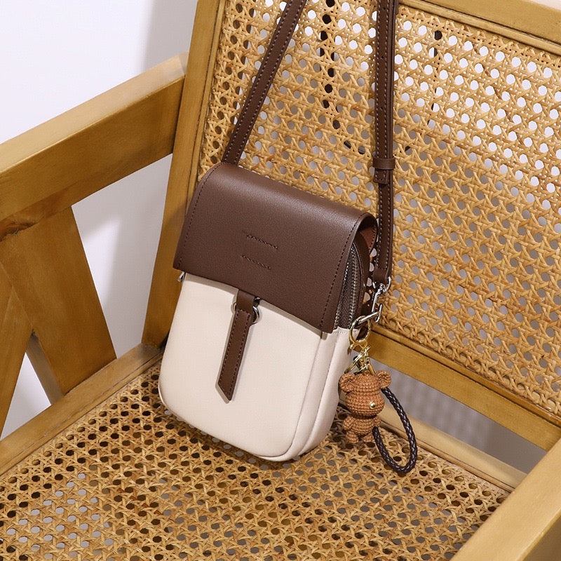 Color-Block Genuine Leather Mini Crossbody Phone Bag with Bear Charm