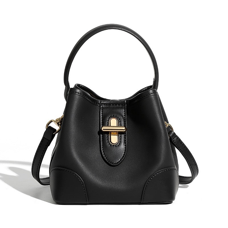 Genuine Leather Premium Lock Mini Bucket Handbag Crossbody Bag for Women