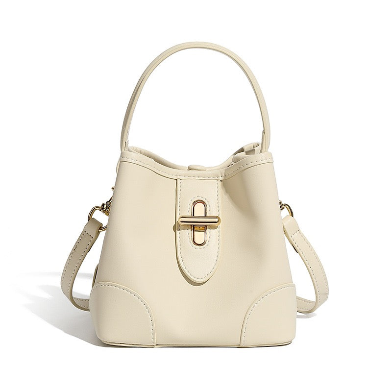 Genuine Leather Premium Lock Mini Bucket Handbag Crossbody Bag for Women