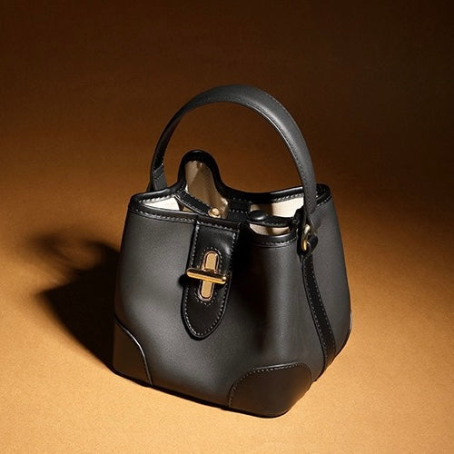 Genuine Leather Premium Lock Mini Bucket Handbag Crossbody Bag for Women