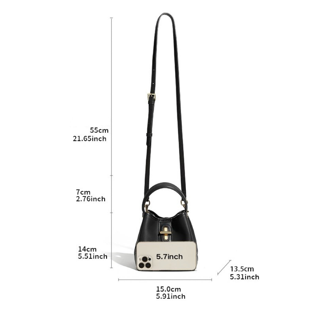 Genuine Leather Premium Lock Mini Bucket Handbag Crossbody Bag for Women