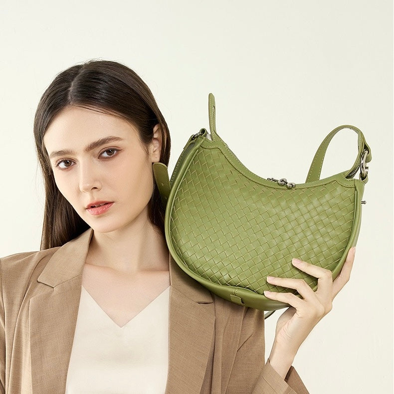 Exquisite Handwoven Women's Cowhide Crescent Moon Crossbody Bag