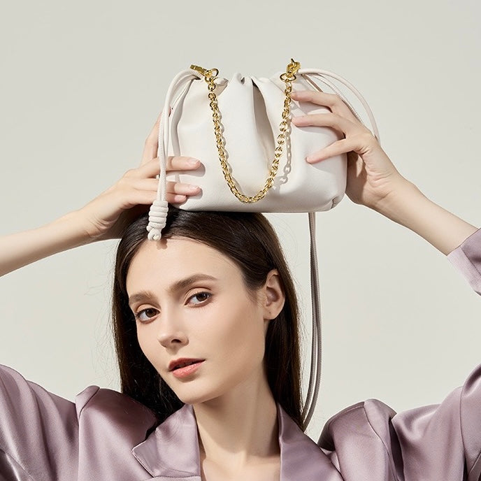 Chic Women's Genuine Leather Cloud Bag with Detachable Chain