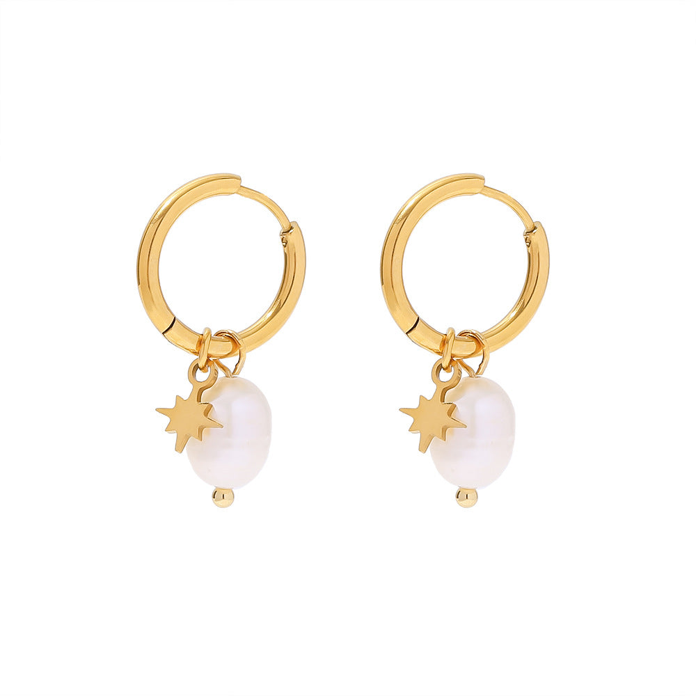 Natural Freshwater Pearl Earrings with Star Pendants